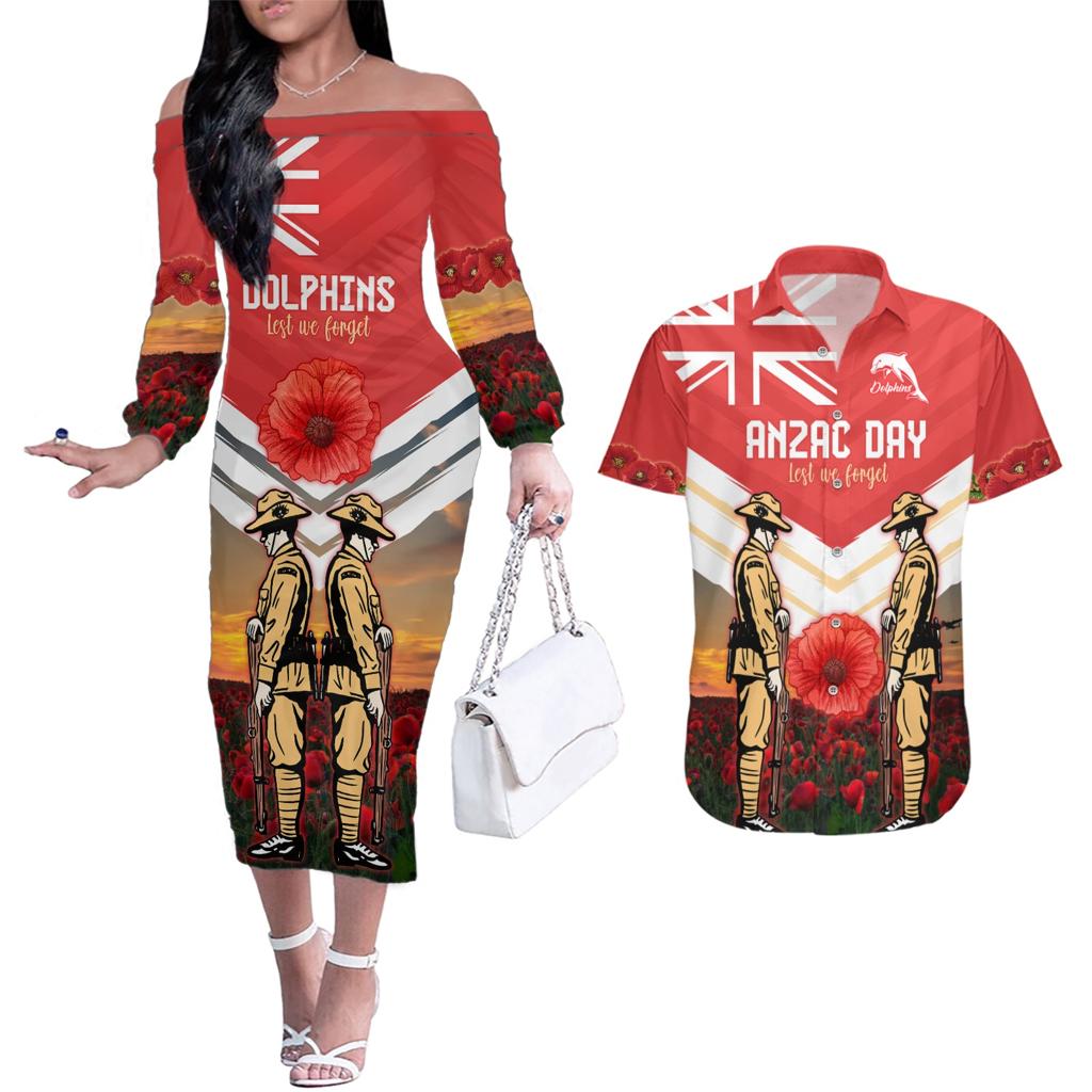 Custom Dolphins Rugby ANZAC Day Couples Matching Off The Shoulder Long Sleeve Dress and Hawaiian Shirt Soldiers Poppy Field 2024