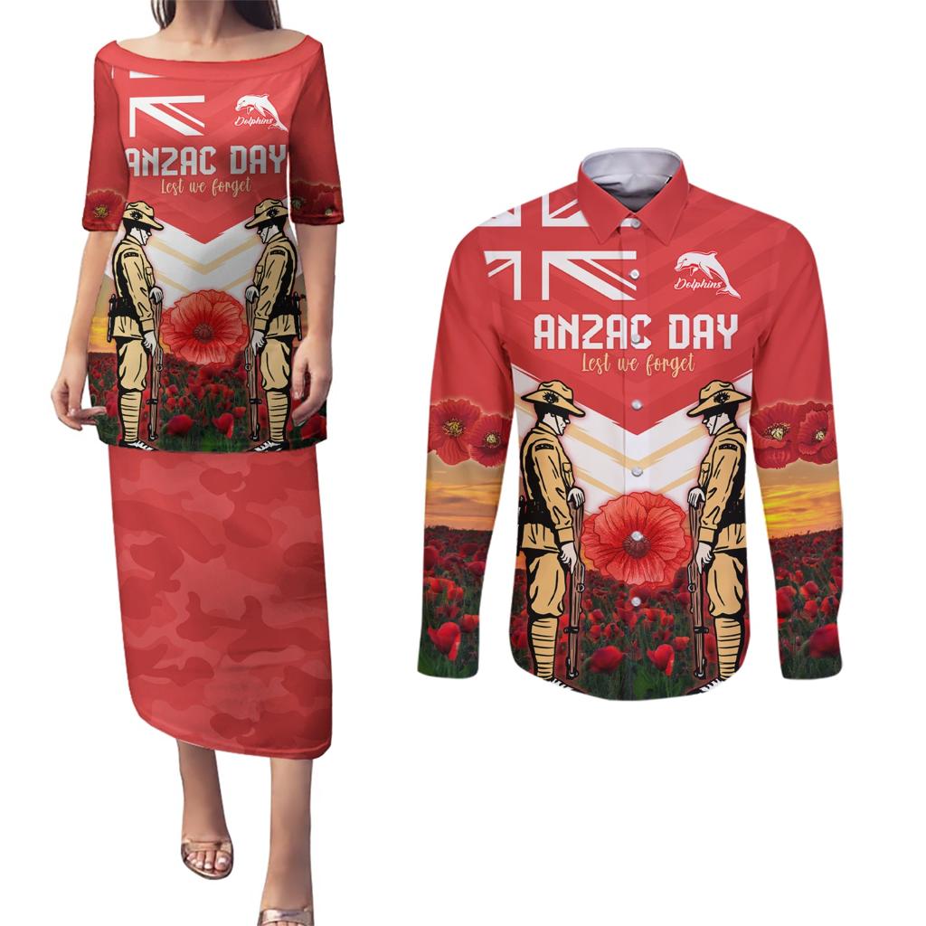 Custom Dolphins Rugby ANZAC Day Couples Matching Puletasi and Long Sleeve Button Shirt Soldiers Poppy Field 2024