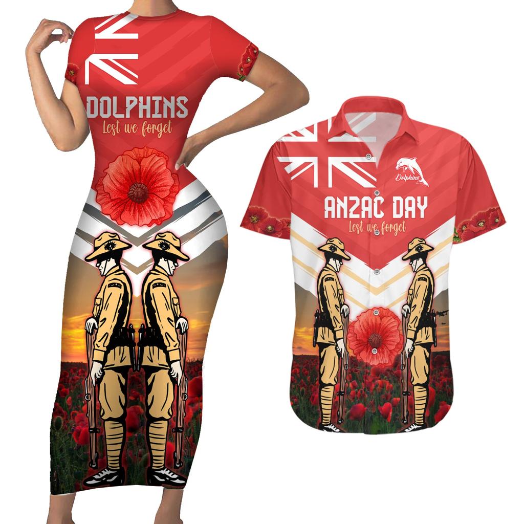 Custom Dolphins Rugby ANZAC Day Couples Matching Short Sleeve Bodycon Dress and Hawaiian Shirt Soldiers Poppy Field 2024