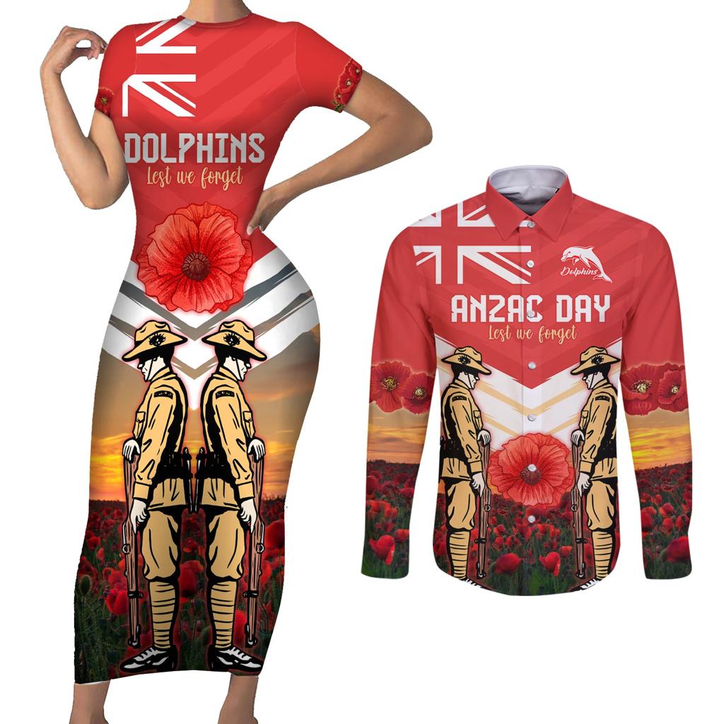 Custom Dolphins Rugby ANZAC Day Couples Matching Short Sleeve Bodycon Dress and Long Sleeve Button Shirt Soldiers Poppy Field 2024