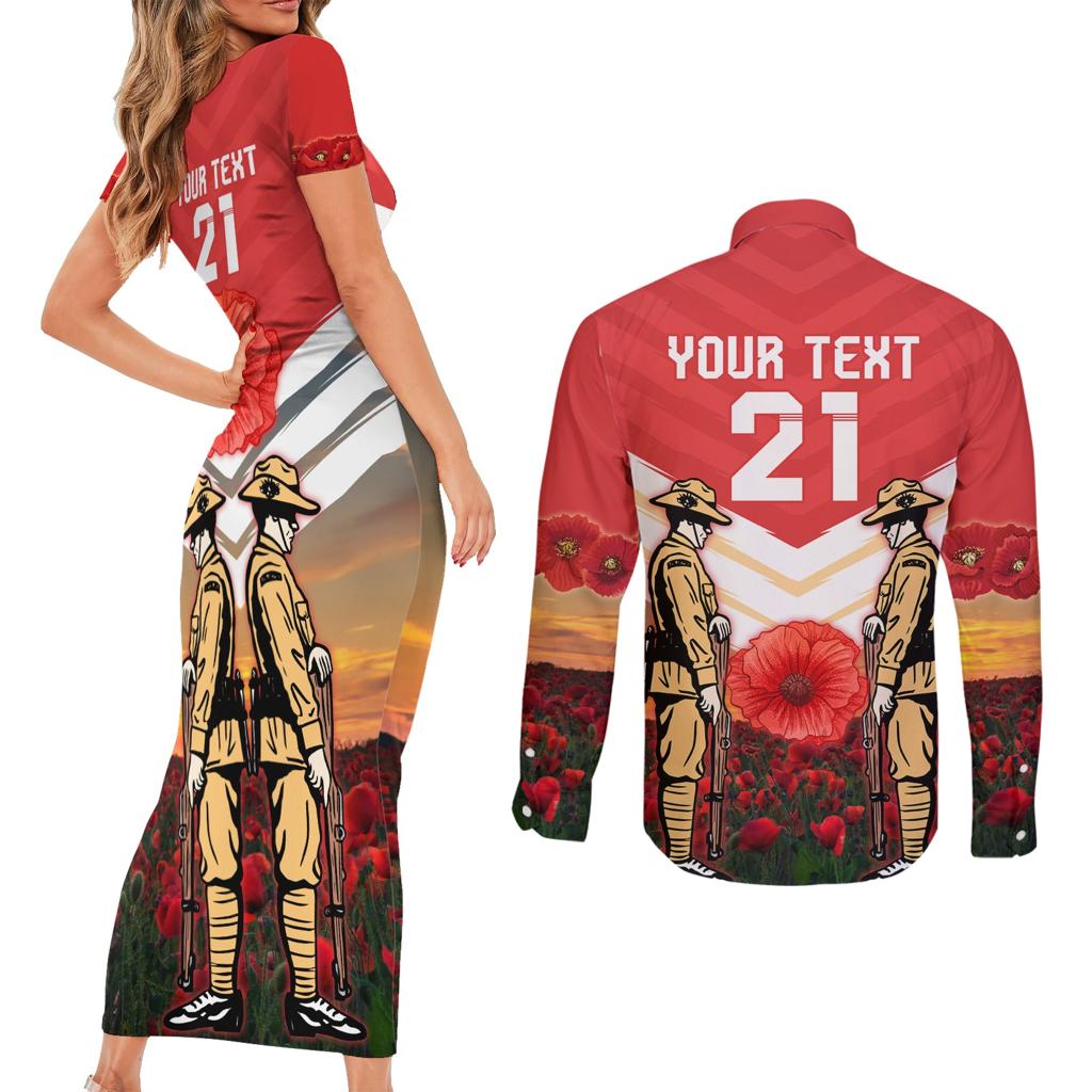 Custom Dolphins Rugby ANZAC Day Couples Matching Short Sleeve Bodycon Dress and Long Sleeve Button Shirt Soldiers Poppy Field 2024