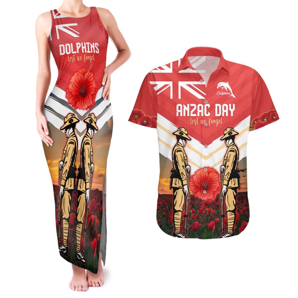 Custom Dolphins Rugby ANZAC Day Couples Matching Tank Maxi Dress and Hawaiian Shirt Soldiers Poppy Field 2024