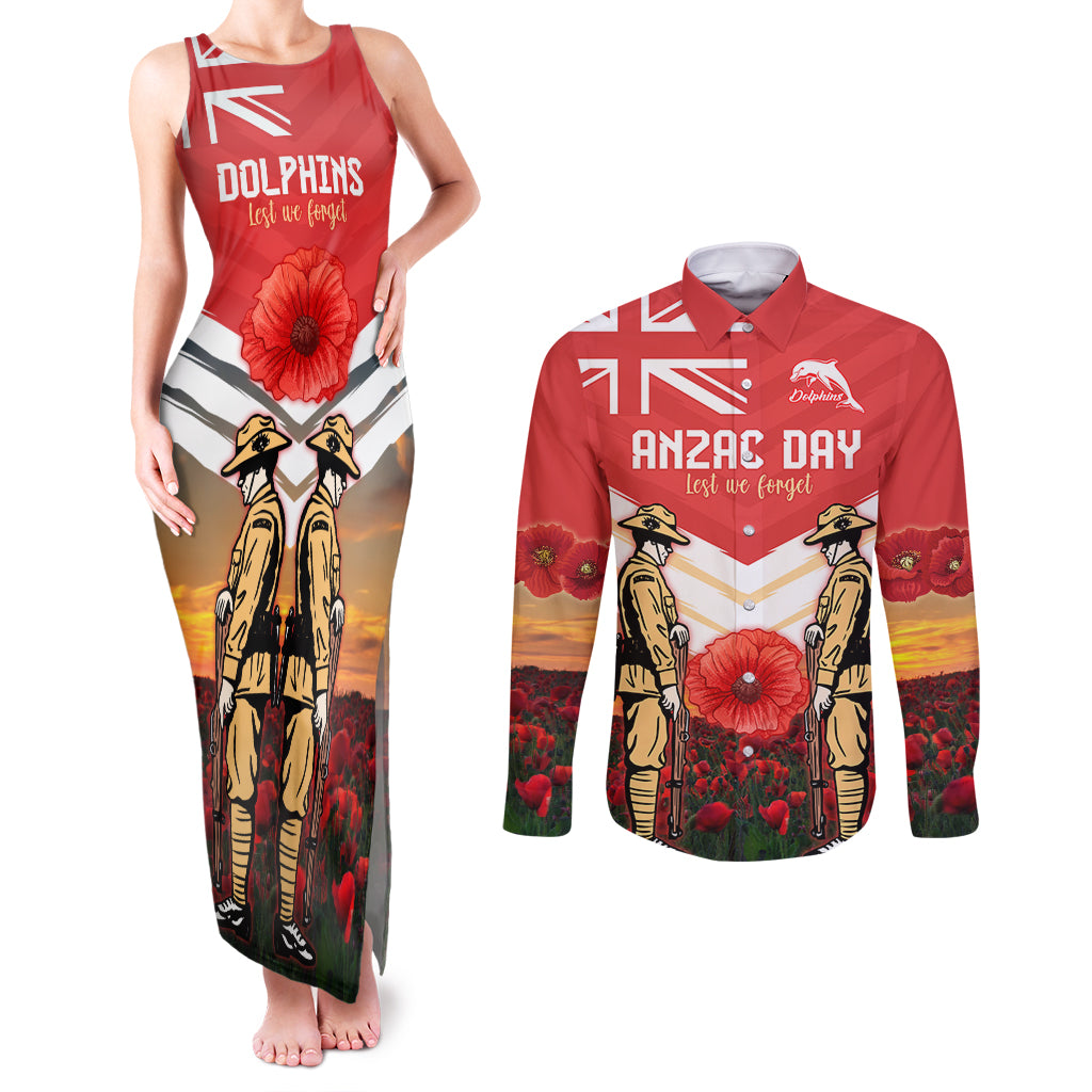 Custom Dolphins Rugby ANZAC Day Couples Matching Tank Maxi Dress and Long Sleeve Button Shirt Soldiers Poppy Field 2024