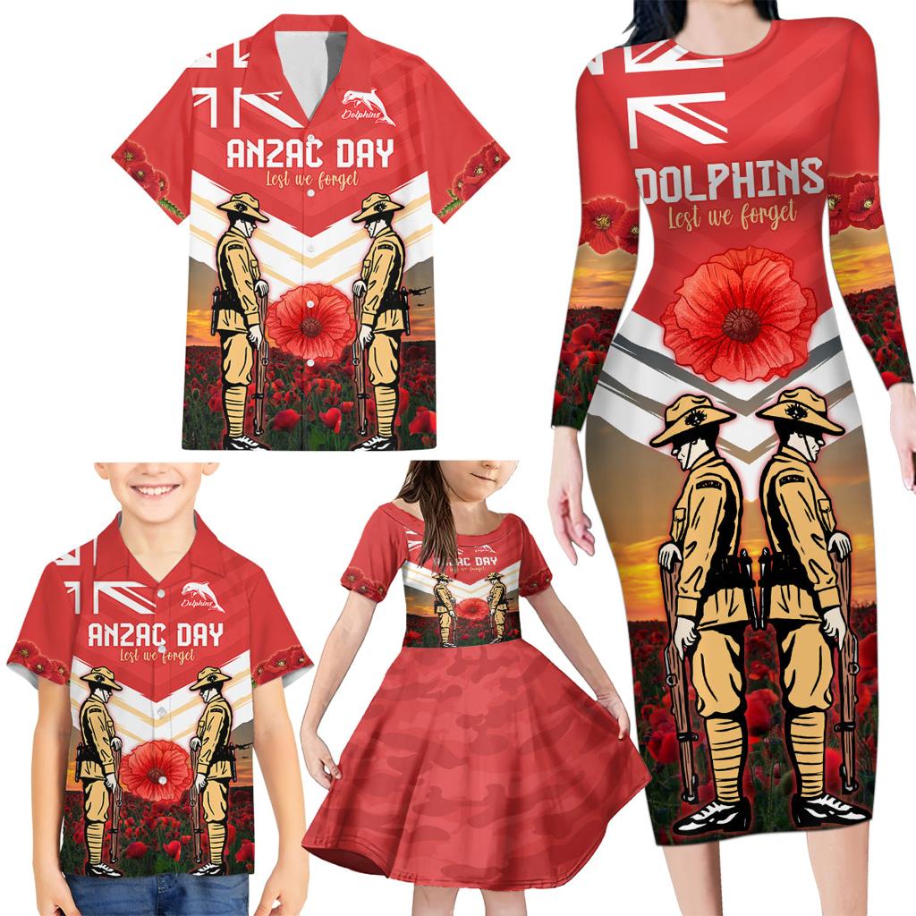 Custom Dolphins Rugby ANZAC Day Family Matching Long Sleeve Bodycon Dress and Hawaiian Shirt Soldiers Poppy Field 2024