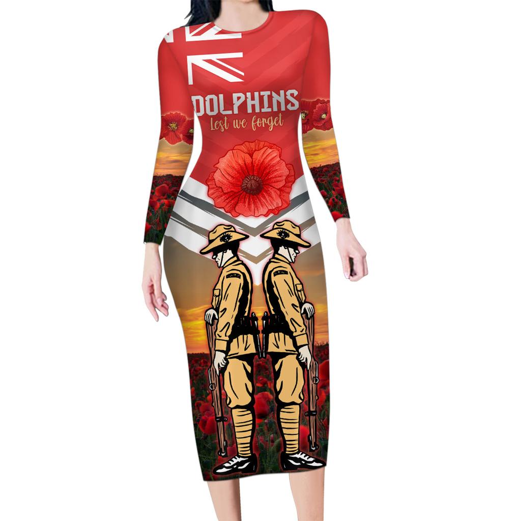 Custom Dolphins Rugby ANZAC Day Family Matching Long Sleeve Bodycon Dress and Hawaiian Shirt Soldiers Poppy Field 2024