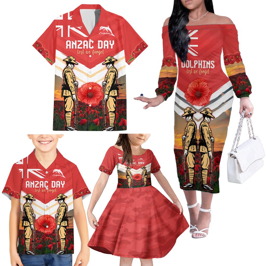 Custom Dolphins Rugby ANZAC Day Family Matching Off Shoulder Long Sleeve Dress and Hawaiian Shirt Soldiers Poppy Field 2024