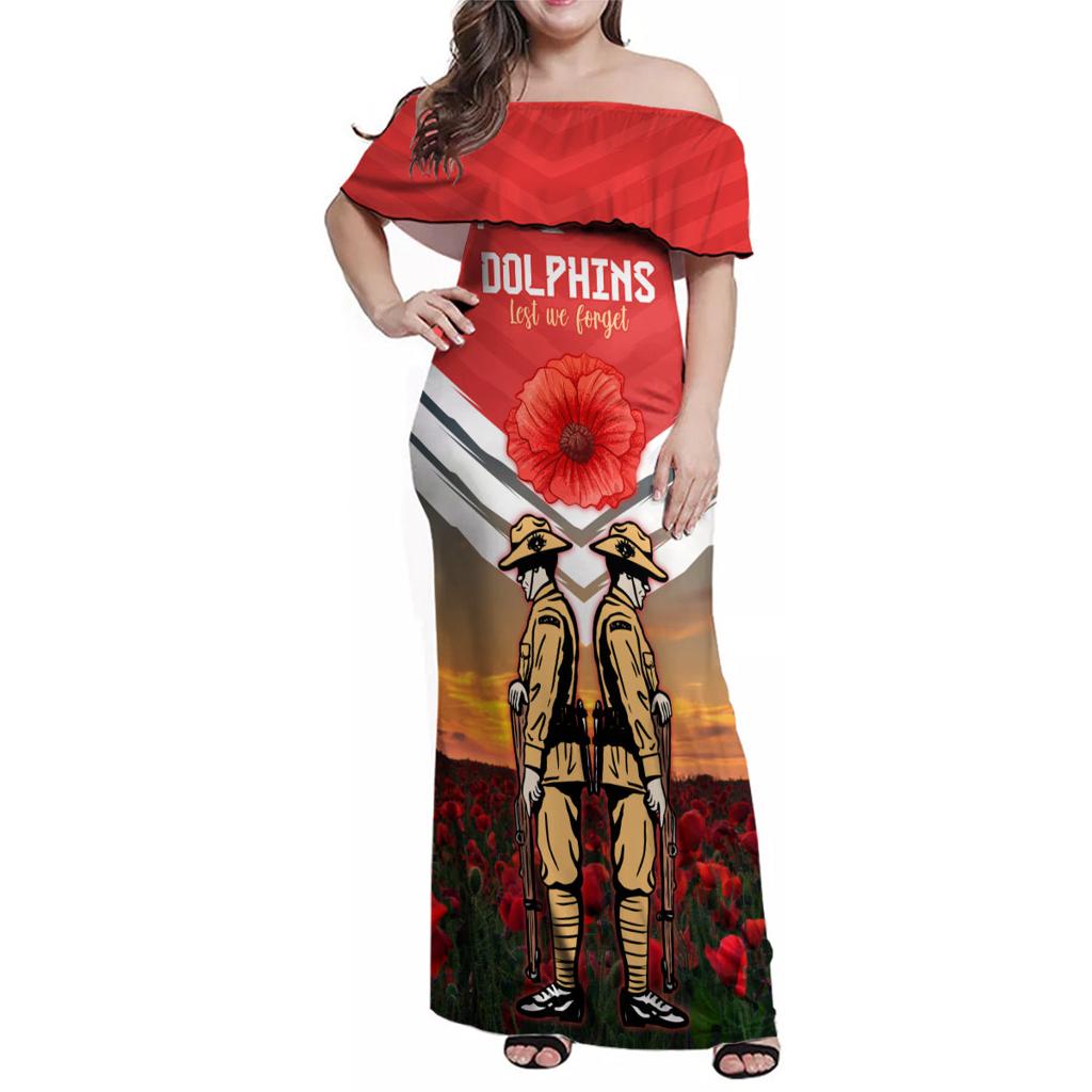 Custom Dolphins Rugby ANZAC Day Family Matching Off Shoulder Maxi Dress and Hawaiian Shirt Soldiers Poppy Field 2024