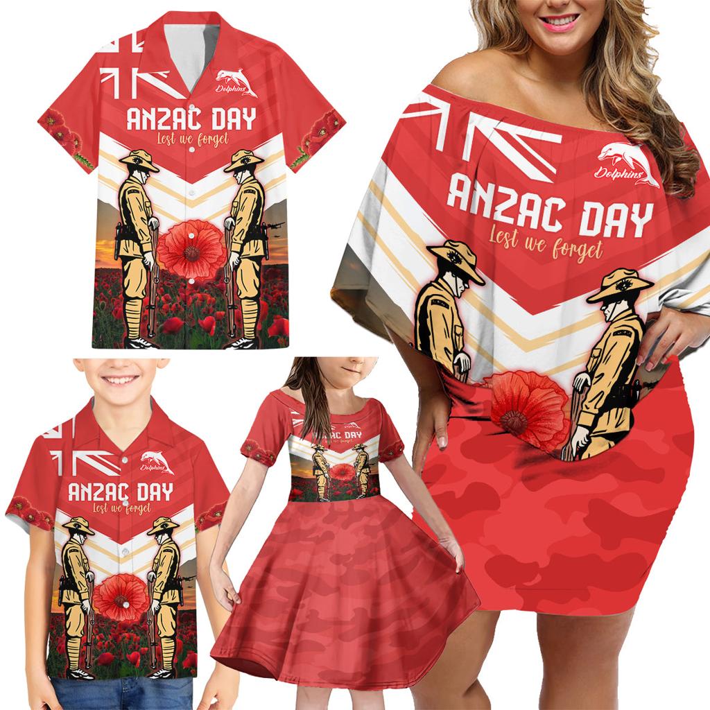 Custom Dolphins Rugby ANZAC Day Family Matching Off Shoulder Short Dress and Hawaiian Shirt Soldiers Poppy Field 2024