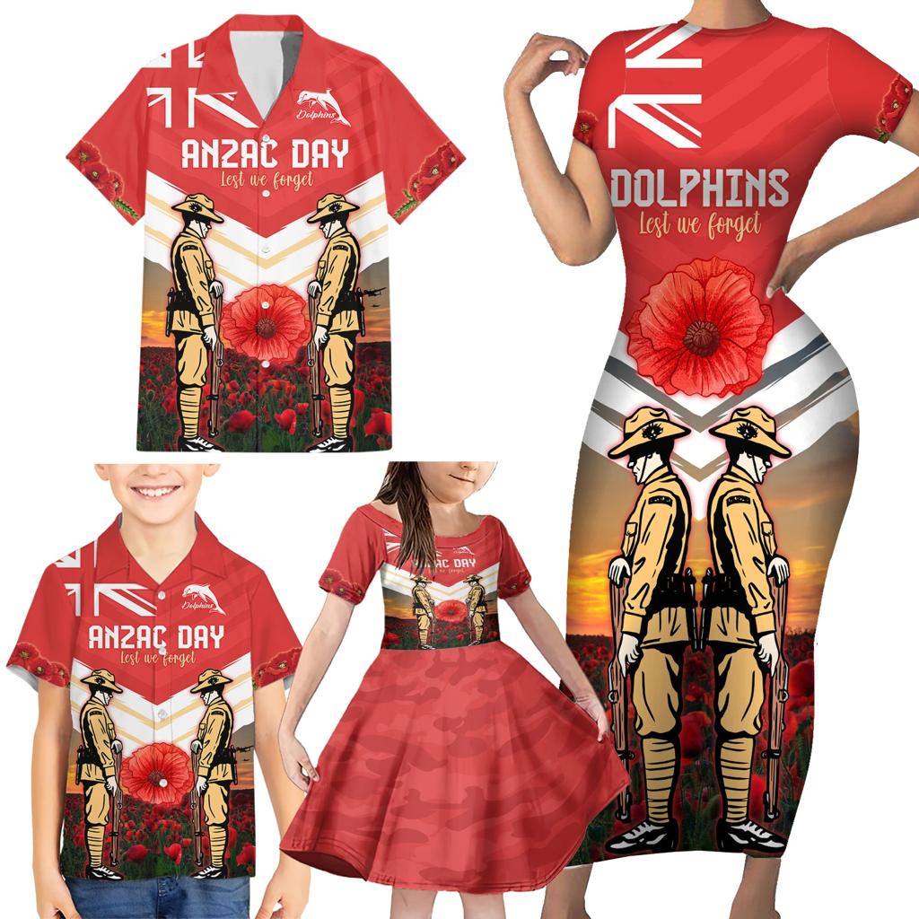 Custom Dolphins Rugby ANZAC Day Family Matching Short Sleeve Bodycon Dress and Hawaiian Shirt Soldiers Poppy Field 2024