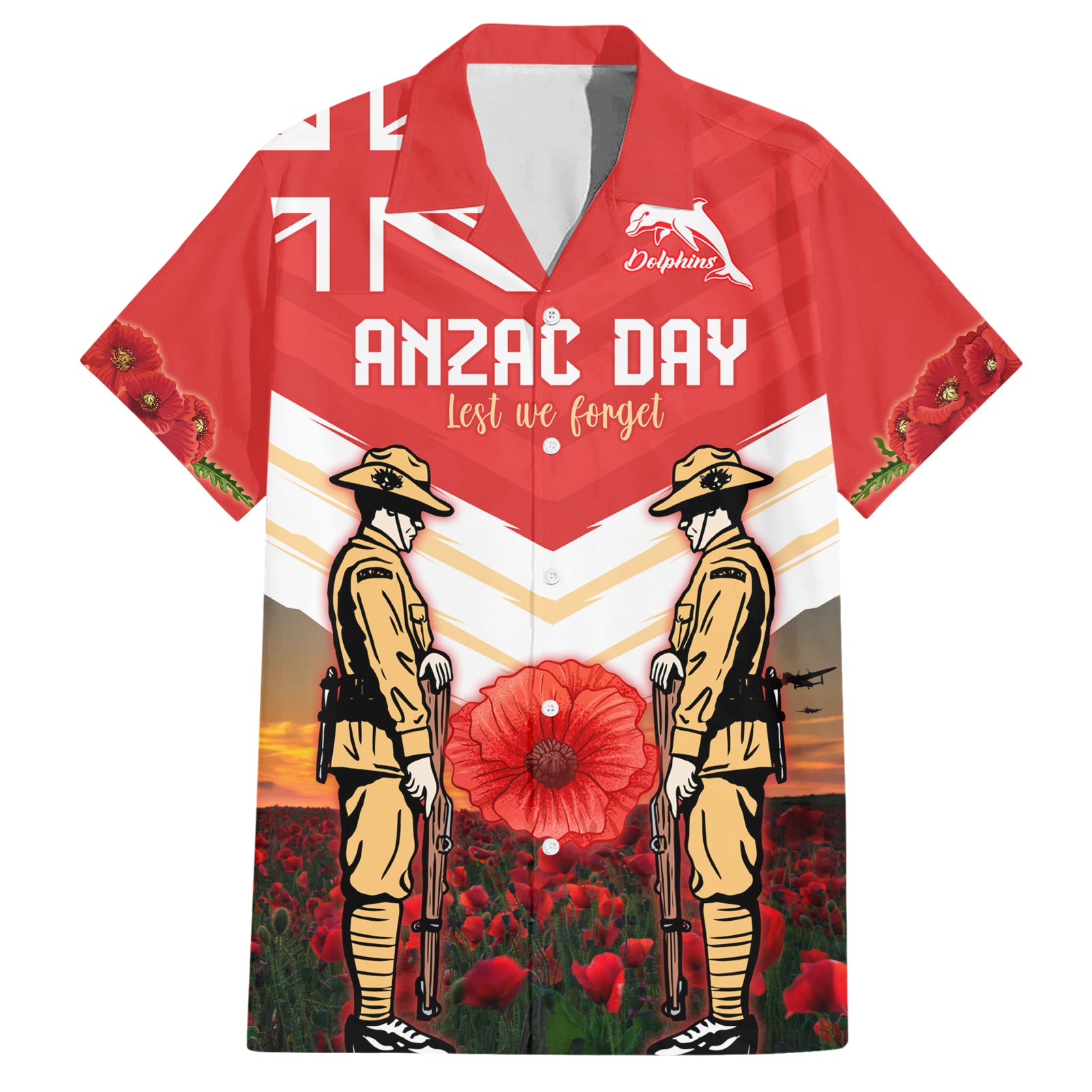 Custom Dolphins Rugby ANZAC Day Hawaiian Shirt Soldiers Poppy Field 2024