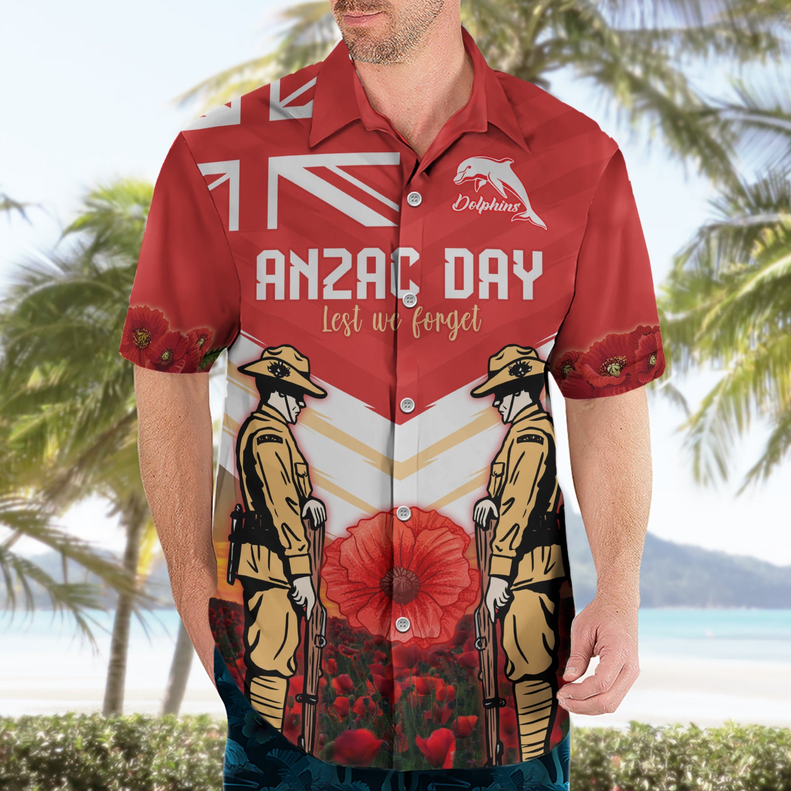 Custom Dolphins Rugby ANZAC Day Hawaiian Shirt Soldiers Poppy Field 2024