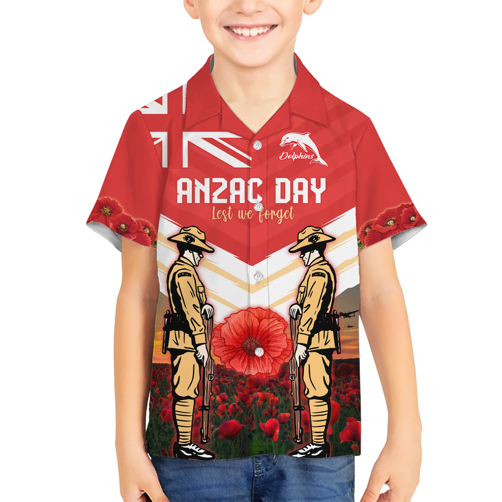 Custom Dolphins Rugby ANZAC Day Hawaiian Shirt Soldiers Poppy Field 2024