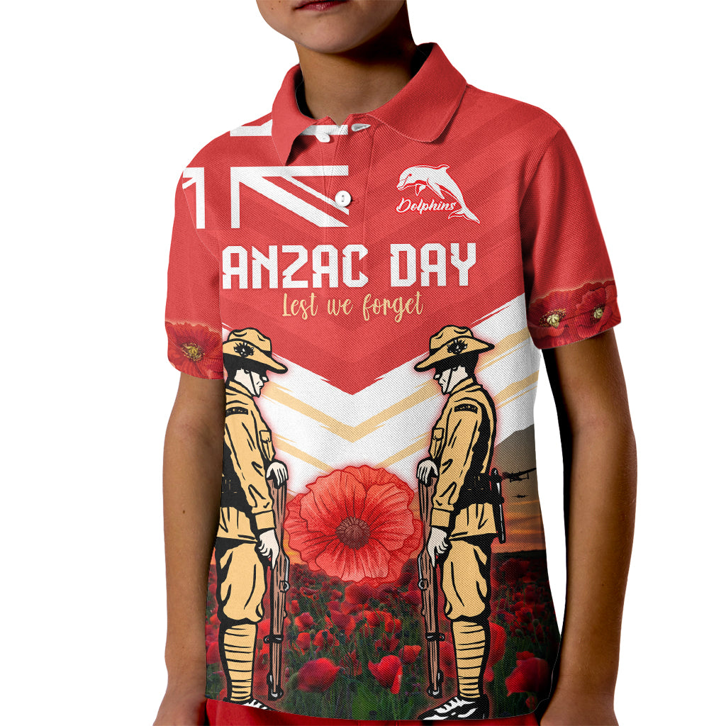 Custom Dolphins Rugby ANZAC Day Kid Polo Shirt Soldiers Poppy Field 2024