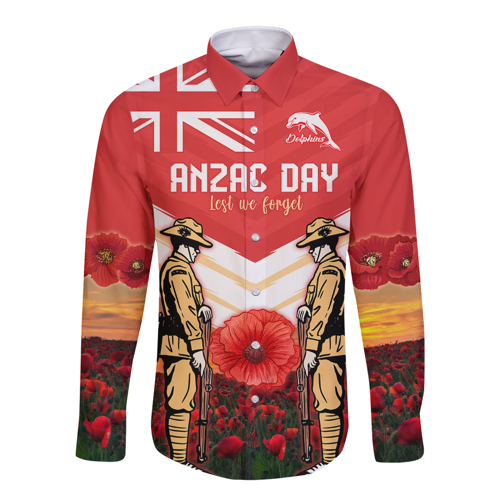 Custom Dolphins Rugby ANZAC Day Long Sleeve Button Shirt Soldiers Poppy Field 2024