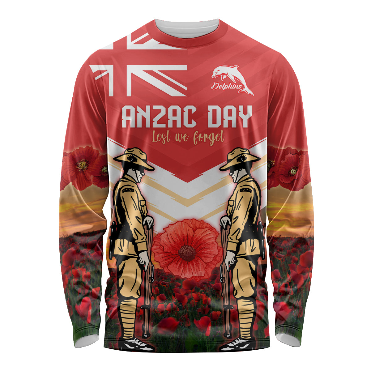 Custom Dolphins Rugby ANZAC Day Long Sleeve Shirt Soldiers Poppy Field 2024