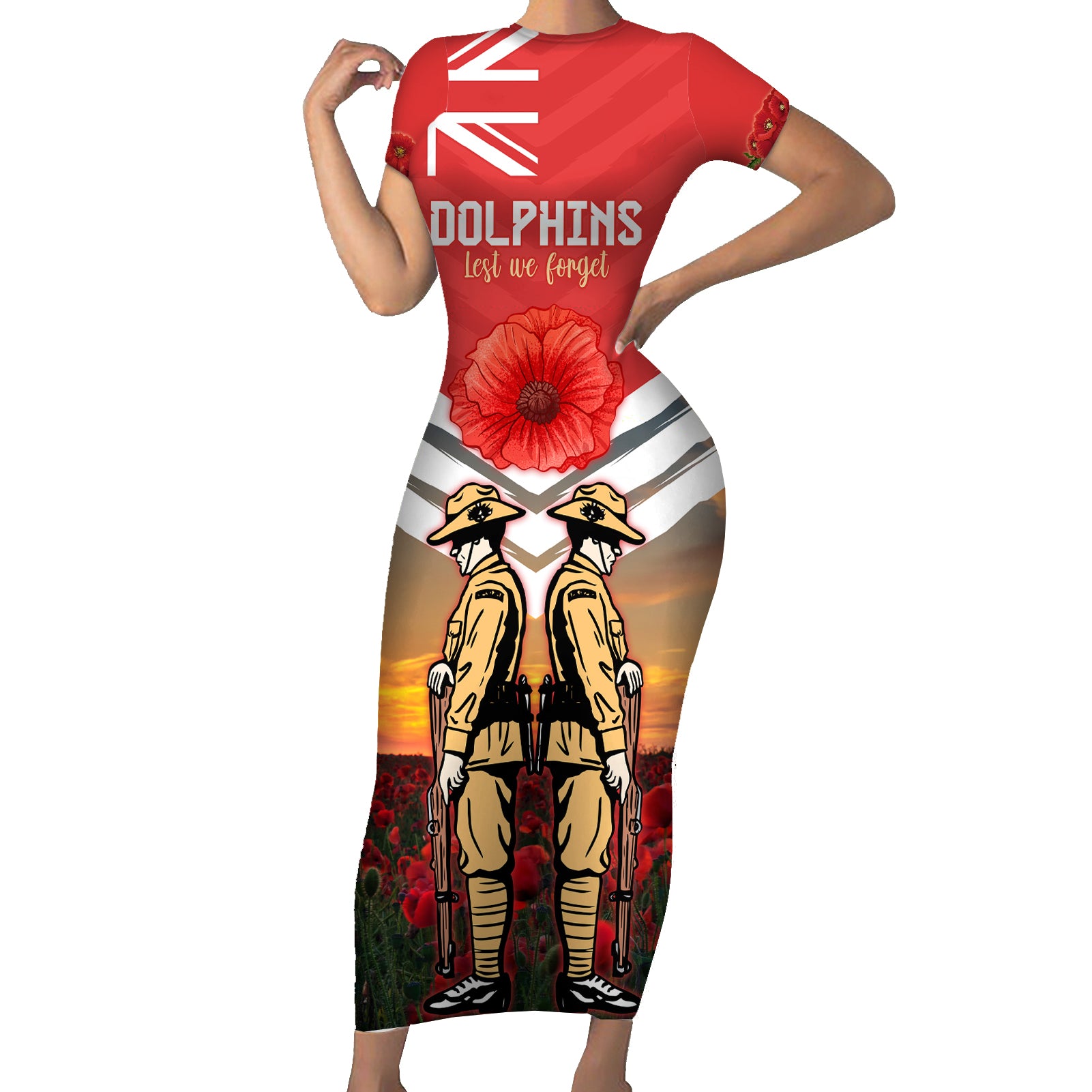 Custom Dolphins Rugby ANZAC Day Short Sleeve Bodycon Dress Soldiers Poppy Field 2024