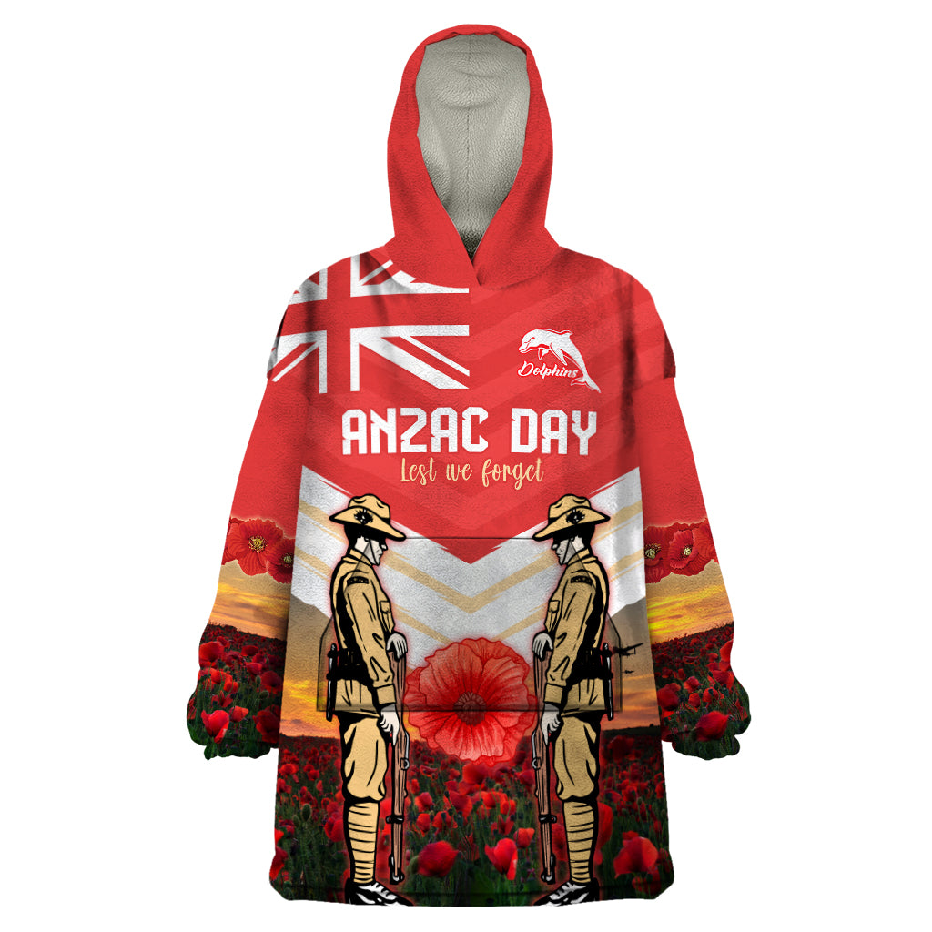 Custom Dolphins Rugby ANZAC Day Wearable Blanket Hoodie Soldiers Poppy Field 2024