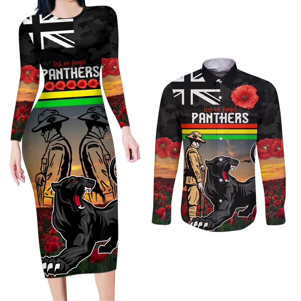 Custom Panthers Rugby ANZAC Day Couples Matching Long Sleeve Bodycon Dress and Long Sleeve Button Shirt Soldiers Poppy Field 2024