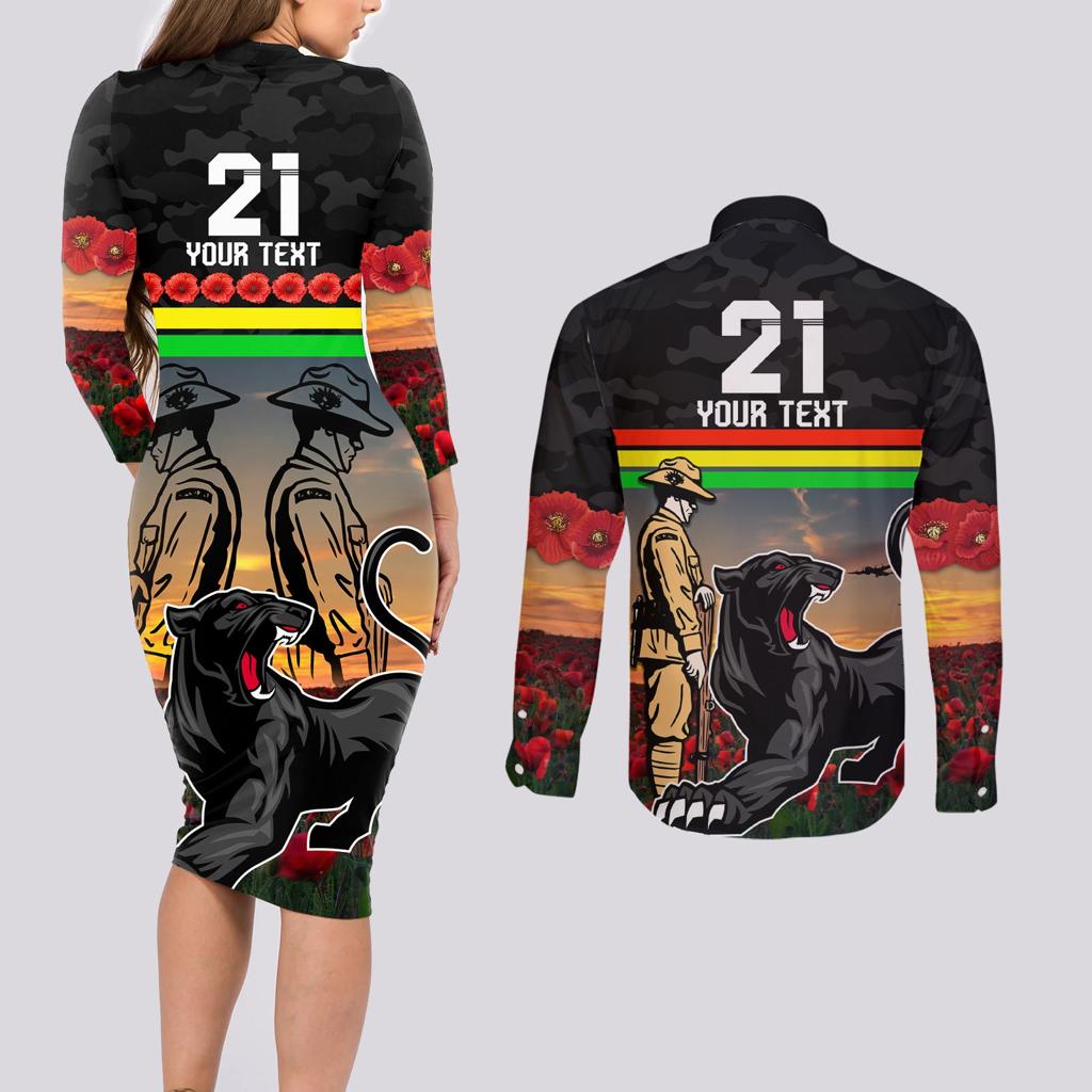 Custom Panthers Rugby ANZAC Day Couples Matching Long Sleeve Bodycon Dress and Long Sleeve Button Shirt Soldiers Poppy Field 2024