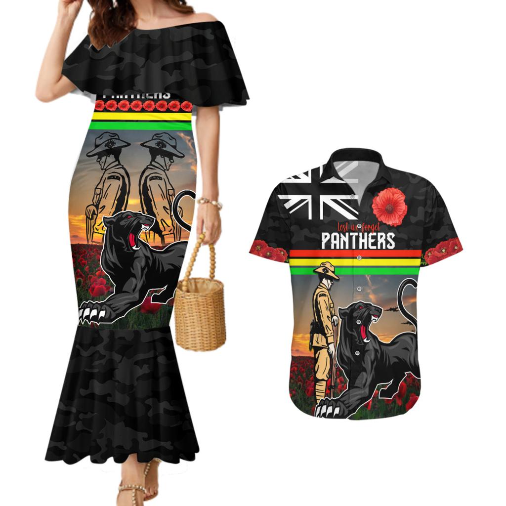 Custom Panthers Rugby ANZAC Day Couples Matching Mermaid Dress and Hawaiian Shirt Soldiers Poppy Field 2024