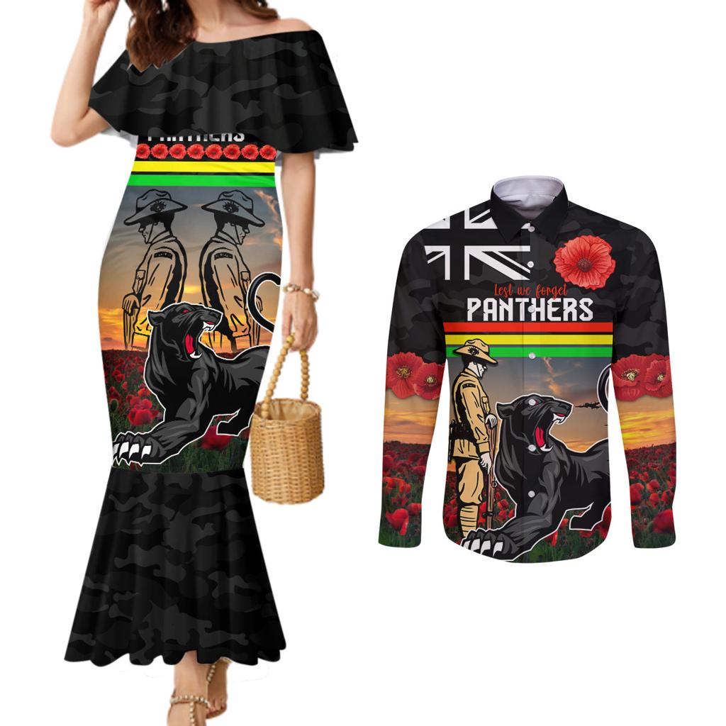 Custom Panthers Rugby ANZAC Day Couples Matching Mermaid Dress and Long Sleeve Button Shirt Soldiers Poppy Field 2024