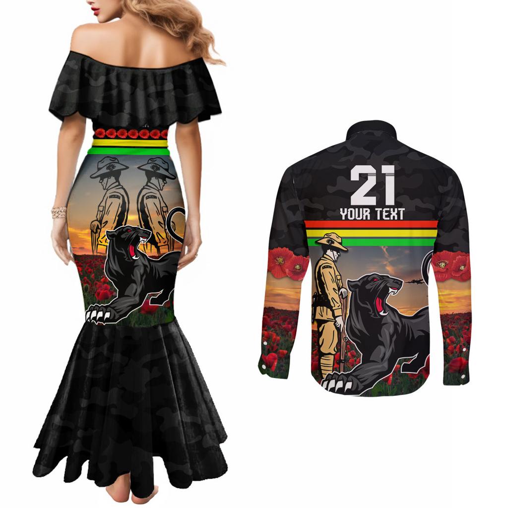 Custom Panthers Rugby ANZAC Day Couples Matching Mermaid Dress and Long Sleeve Button Shirt Soldiers Poppy Field 2024