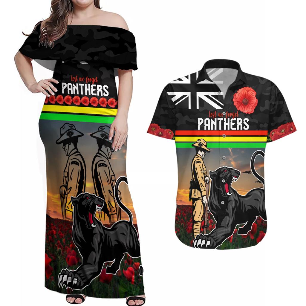 Custom Panthers Rugby ANZAC Day Couples Matching Off Shoulder Maxi Dress and Hawaiian Shirt Soldiers Poppy Field 2024