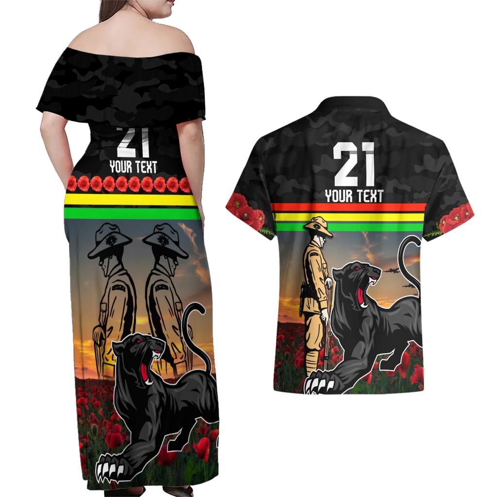 Custom Panthers Rugby ANZAC Day Couples Matching Off Shoulder Maxi Dress and Hawaiian Shirt Soldiers Poppy Field 2024