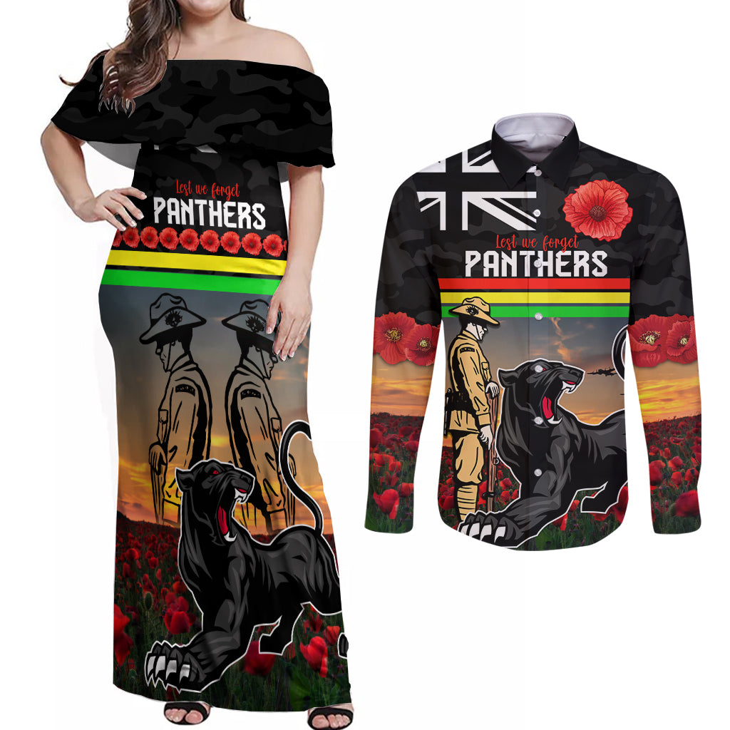 Custom Panthers Rugby ANZAC Day Couples Matching Off Shoulder Maxi Dress and Long Sleeve Button Shirt Soldiers Poppy Field 2024