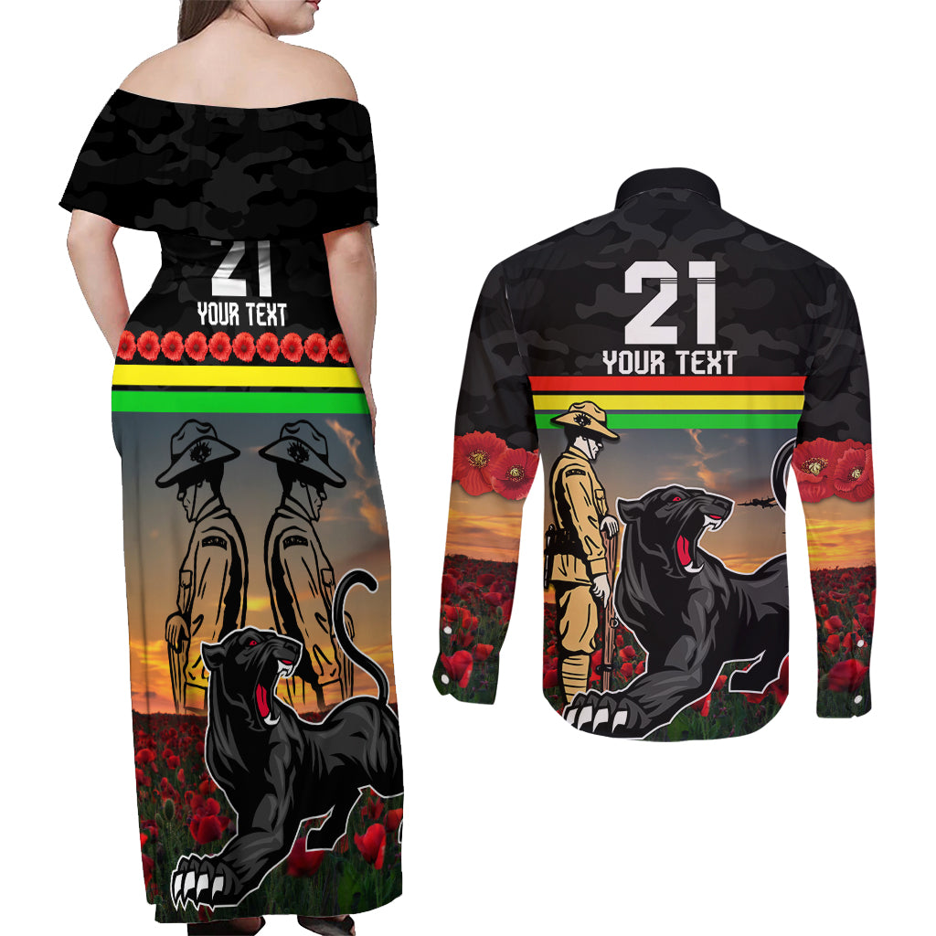 Custom Panthers Rugby ANZAC Day Couples Matching Off Shoulder Maxi Dress and Long Sleeve Button Shirt Soldiers Poppy Field 2024