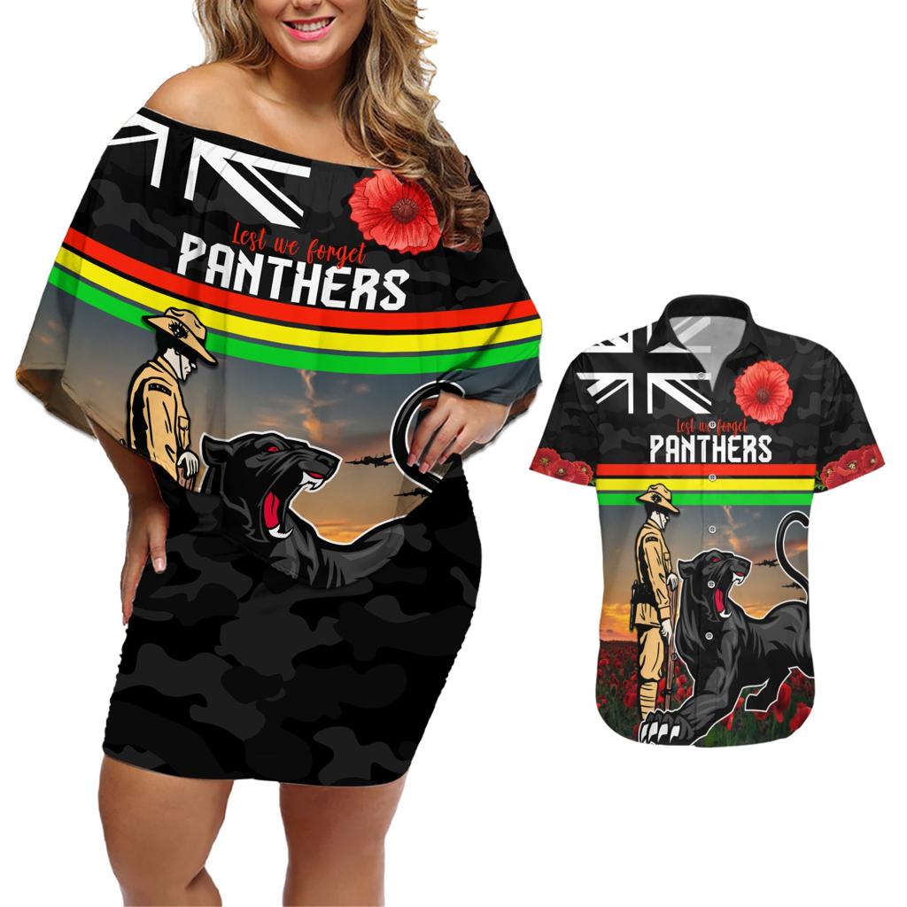 Custom Panthers Rugby ANZAC Day Couples Matching Off Shoulder Short Dress and Hawaiian Shirt Soldiers Poppy Field 2024