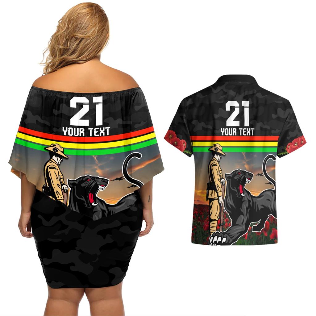 Custom Panthers Rugby ANZAC Day Couples Matching Off Shoulder Short Dress and Hawaiian Shirt Soldiers Poppy Field 2024