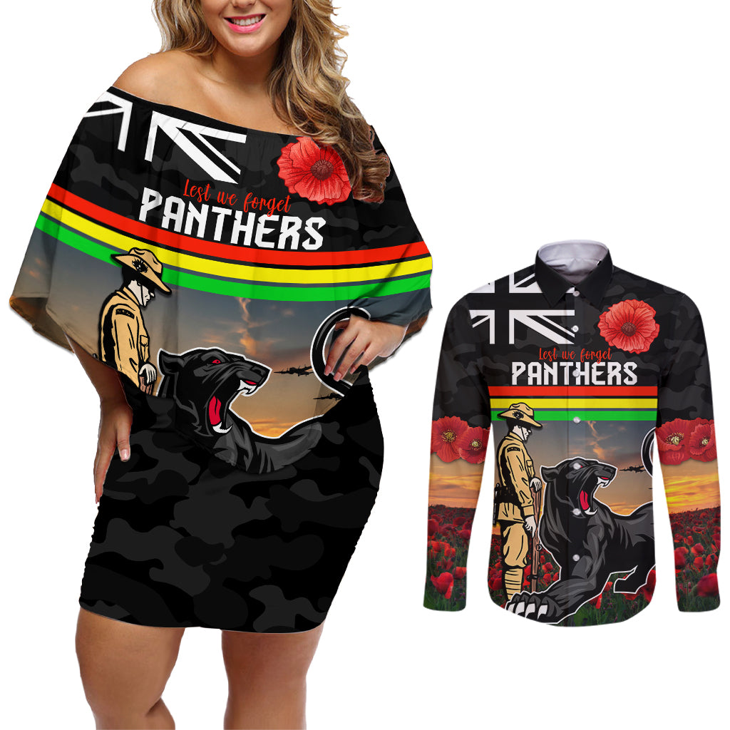 Custom Panthers Rugby ANZAC Day Couples Matching Off Shoulder Short Dress and Long Sleeve Button Shirt Soldiers Poppy Field 2024