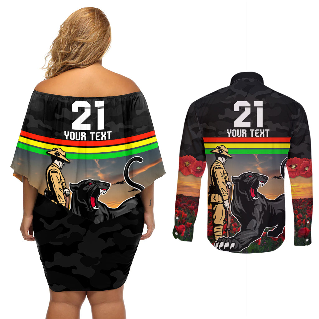 Custom Panthers Rugby ANZAC Day Couples Matching Off Shoulder Short Dress and Long Sleeve Button Shirt Soldiers Poppy Field 2024