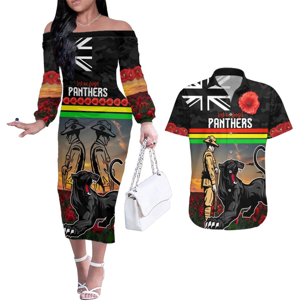 Custom Panthers Rugby ANZAC Day Couples Matching Off The Shoulder Long Sleeve Dress and Hawaiian Shirt Soldiers Poppy Field 2024