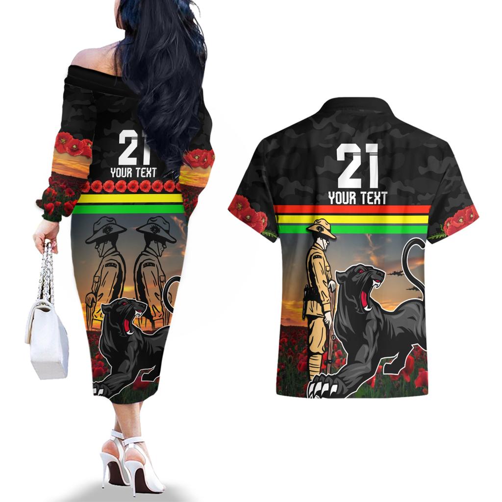 Custom Panthers Rugby ANZAC Day Couples Matching Off The Shoulder Long Sleeve Dress and Hawaiian Shirt Soldiers Poppy Field 2024