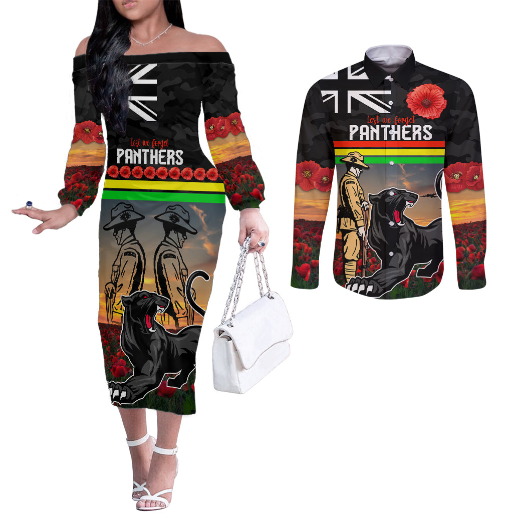 Custom Panthers Rugby ANZAC Day Couples Matching Off The Shoulder Long Sleeve Dress and Long Sleeve Button Shirt Soldiers Poppy Field 2024