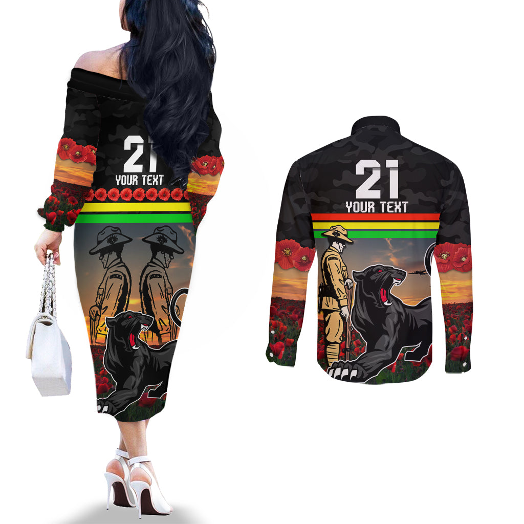 Custom Panthers Rugby ANZAC Day Couples Matching Off The Shoulder Long Sleeve Dress and Long Sleeve Button Shirt Soldiers Poppy Field 2024