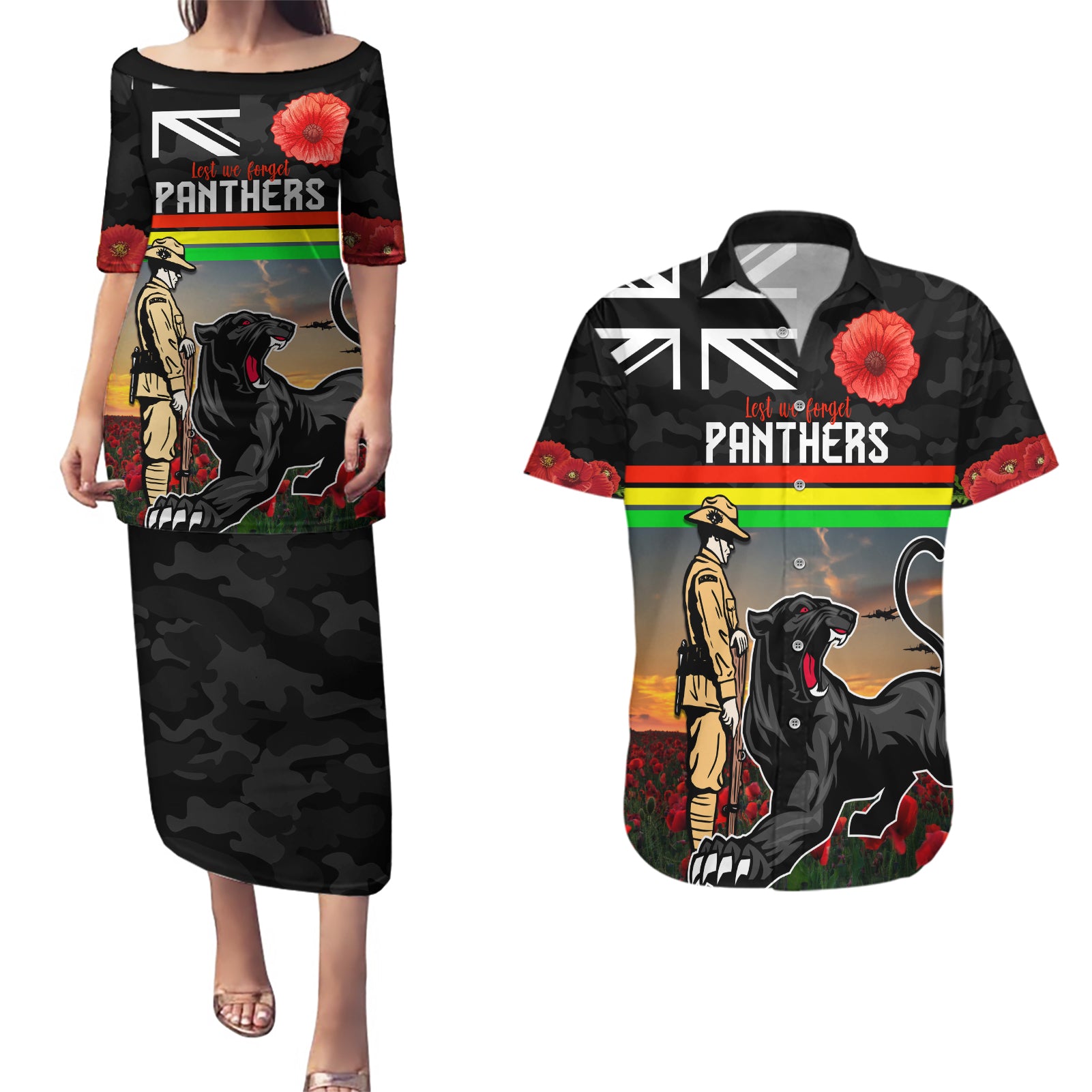 Custom Panthers Rugby ANZAC Day Couples Matching Puletasi and Hawaiian Shirt Soldiers Poppy Field 2024