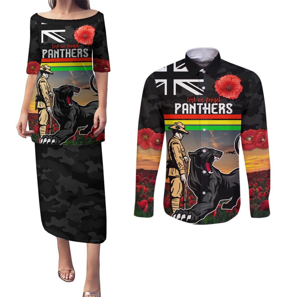 Custom Panthers Rugby ANZAC Day Couples Matching Puletasi and Long Sleeve Button Shirt Soldiers Poppy Field 2024