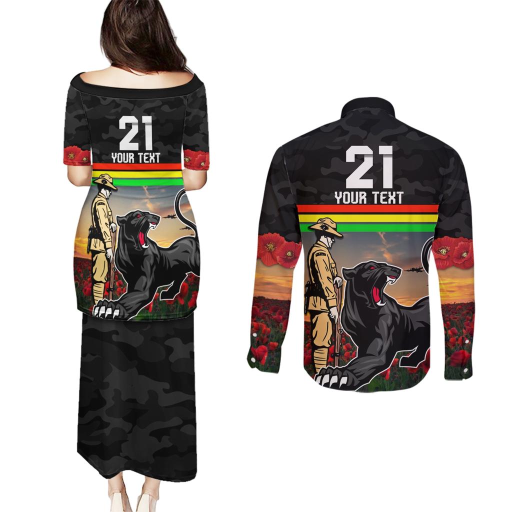 Custom Panthers Rugby ANZAC Day Couples Matching Puletasi and Long Sleeve Button Shirt Soldiers Poppy Field 2024