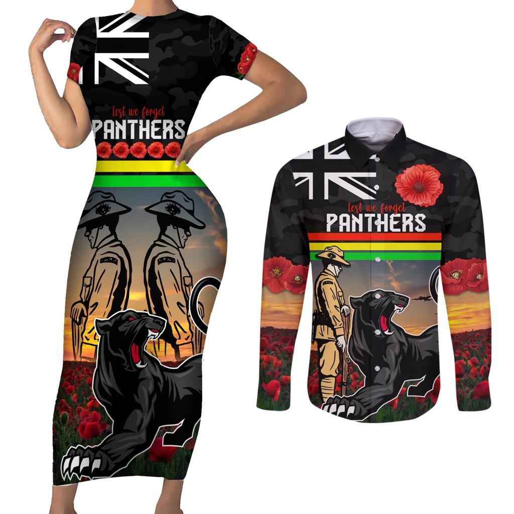 Custom Panthers Rugby ANZAC Day Couples Matching Short Sleeve Bodycon Dress and Long Sleeve Button Shirt Soldiers Poppy Field 2024