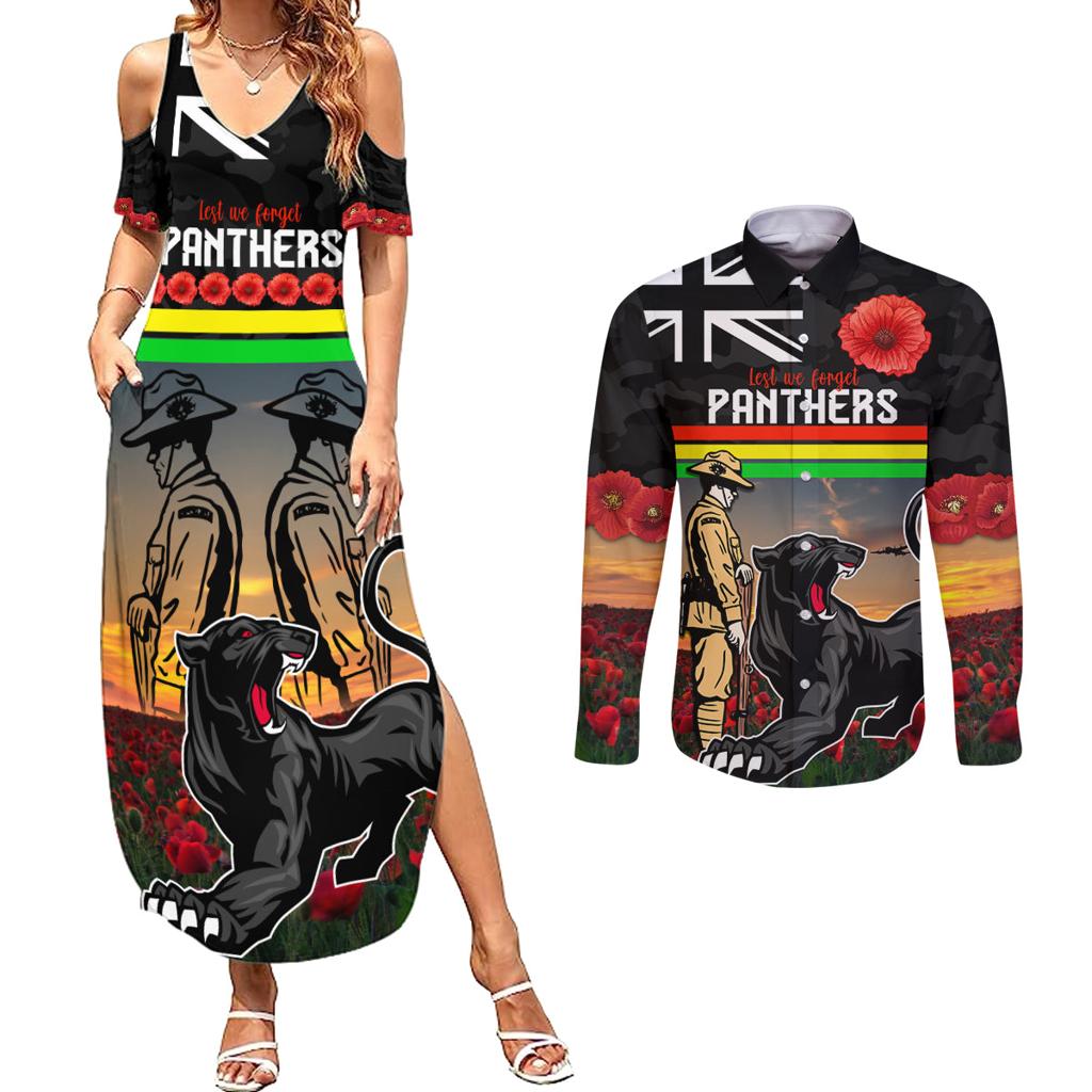 Custom Panthers Rugby ANZAC Day Couples Matching Summer Maxi Dress and Long Sleeve Button Shirt Soldiers Poppy Field 2024