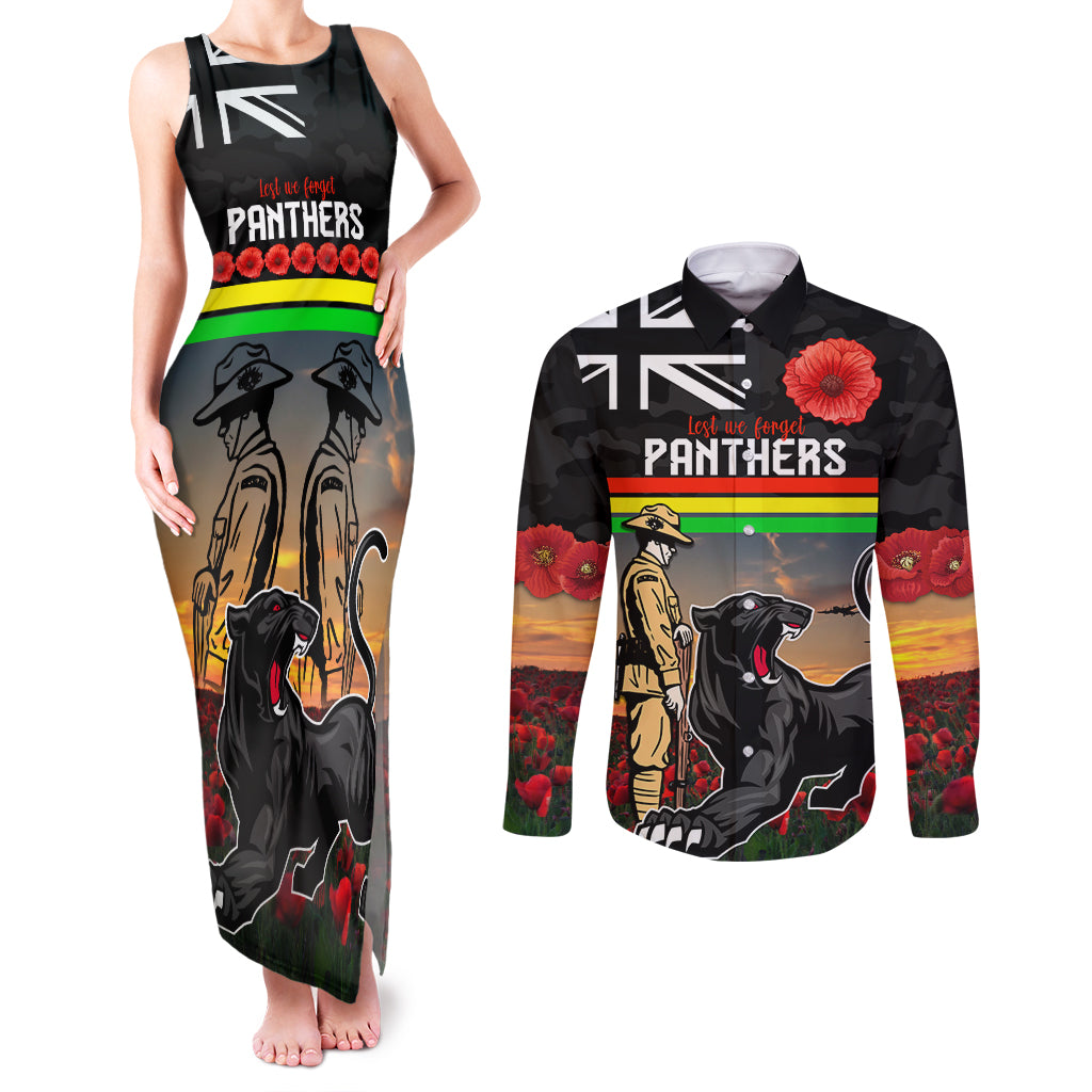 Custom Panthers Rugby ANZAC Day Couples Matching Tank Maxi Dress and Long Sleeve Button Shirt Soldiers Poppy Field 2024