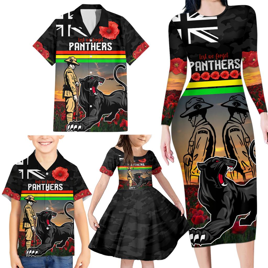 Custom Panthers Rugby ANZAC Day Family Matching Long Sleeve Bodycon Dress and Hawaiian Shirt Soldiers Poppy Field 2024