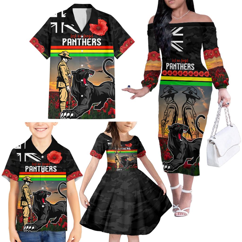 Custom Panthers Rugby ANZAC Day Family Matching Off Shoulder Long Sleeve Dress and Hawaiian Shirt Soldiers Poppy Field 2024