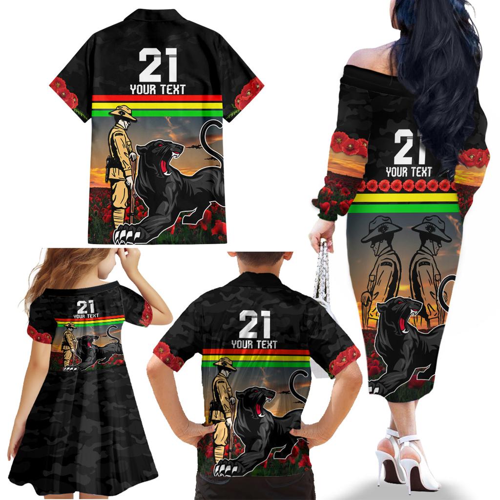 Custom Panthers Rugby ANZAC Day Family Matching Off Shoulder Long Sleeve Dress and Hawaiian Shirt Soldiers Poppy Field 2024