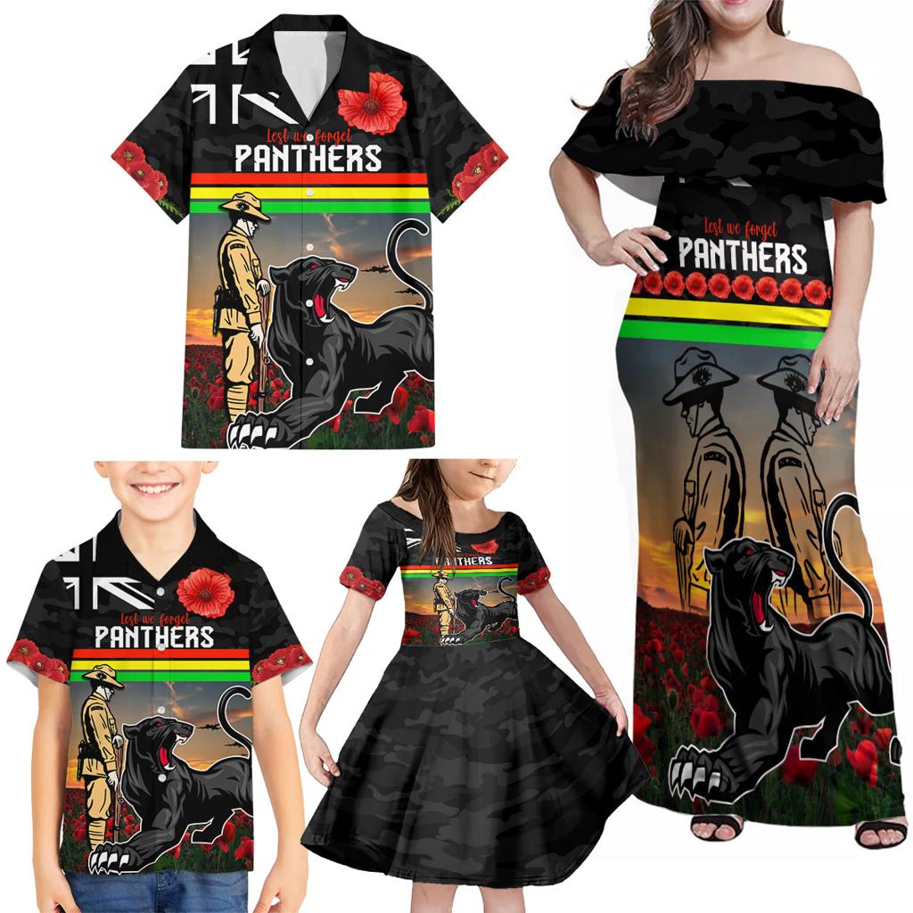 Custom Panthers Rugby ANZAC Day Family Matching Off Shoulder Maxi Dress and Hawaiian Shirt Soldiers Poppy Field 2024