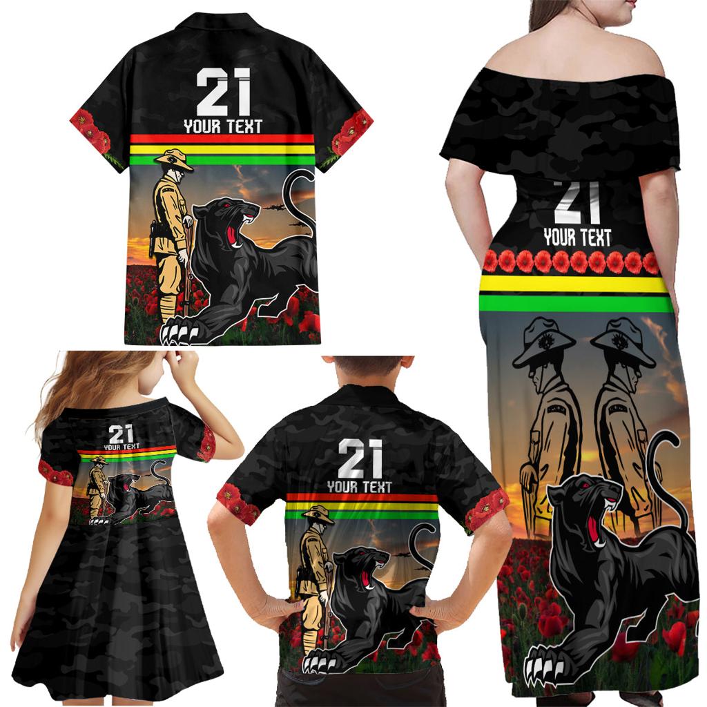 Custom Panthers Rugby ANZAC Day Family Matching Off Shoulder Maxi Dress and Hawaiian Shirt Soldiers Poppy Field 2024