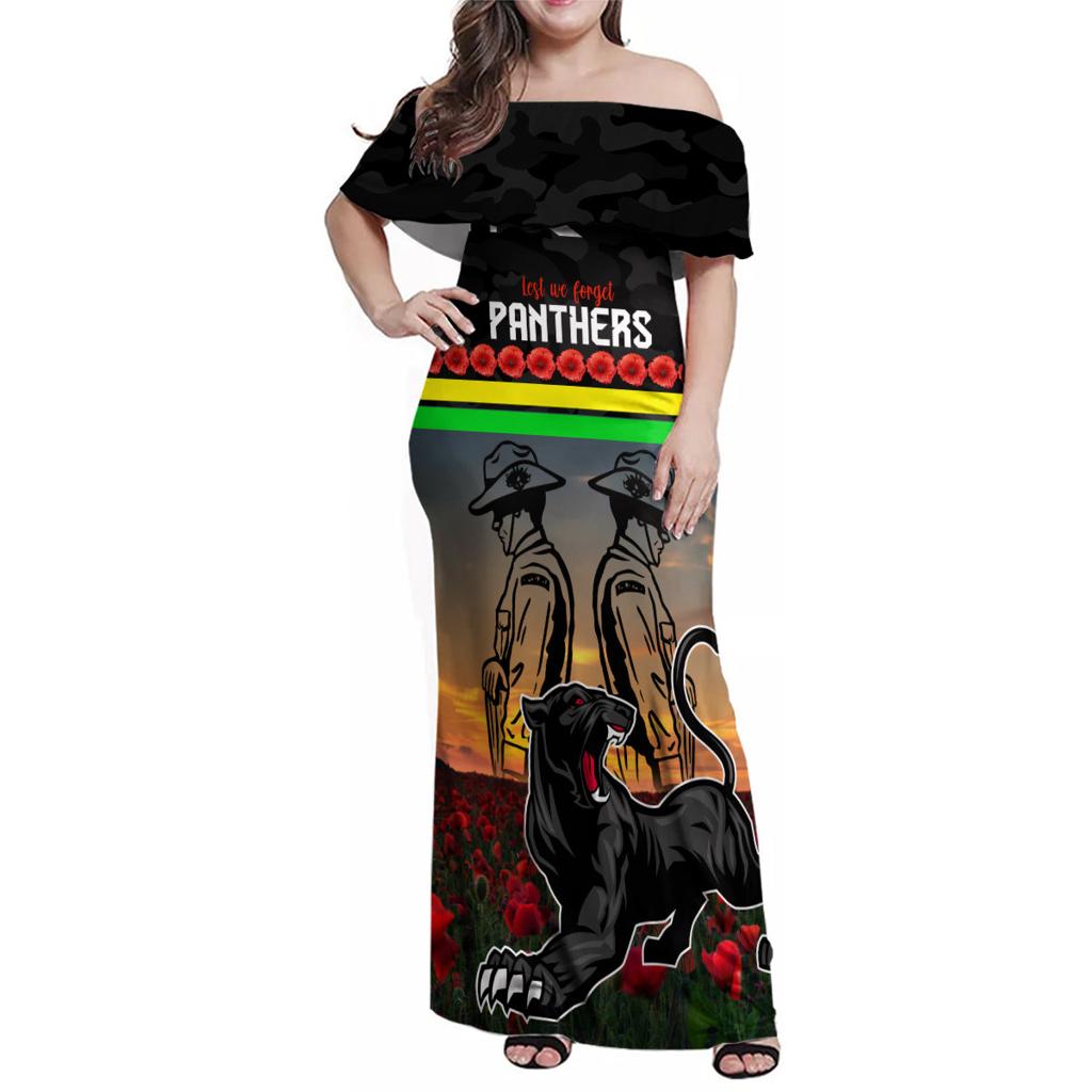 Custom Panthers Rugby ANZAC Day Family Matching Off Shoulder Maxi Dress and Hawaiian Shirt Soldiers Poppy Field 2024